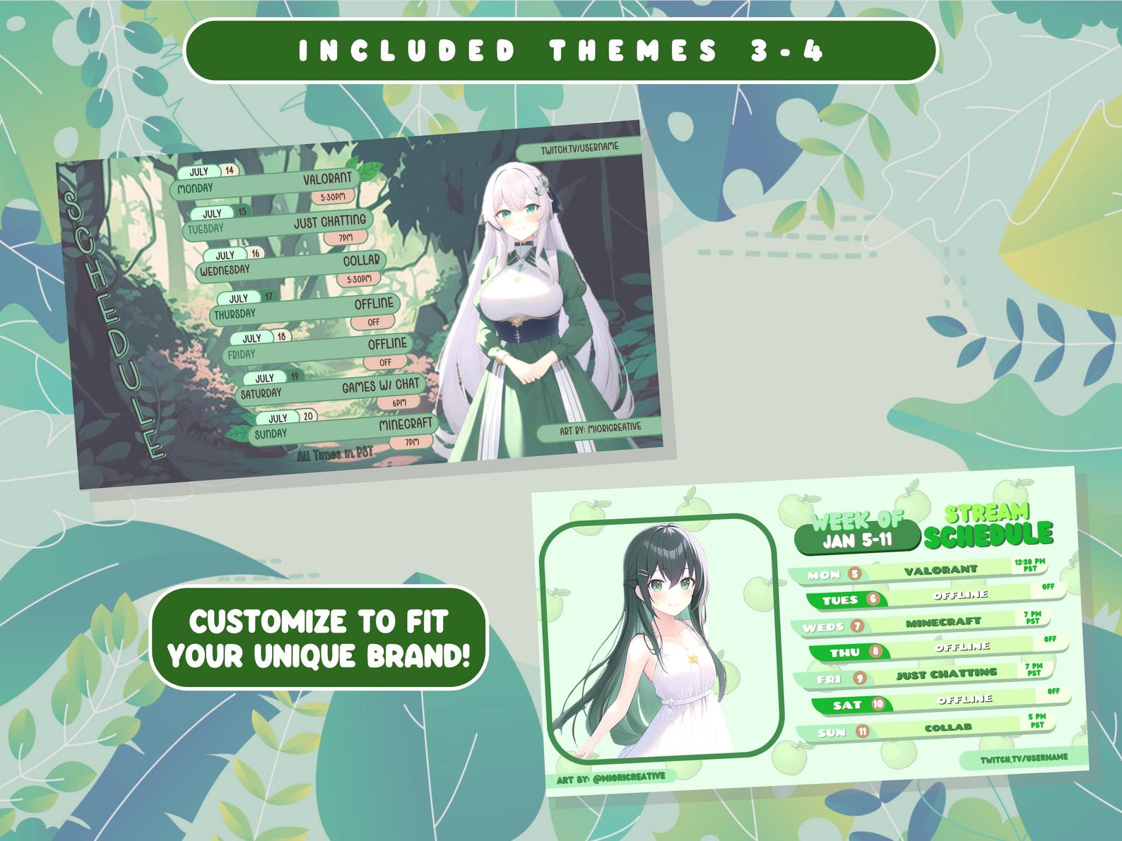 Green Vtuber Stream Schedule Templates 10pack Canva Bundle (digital