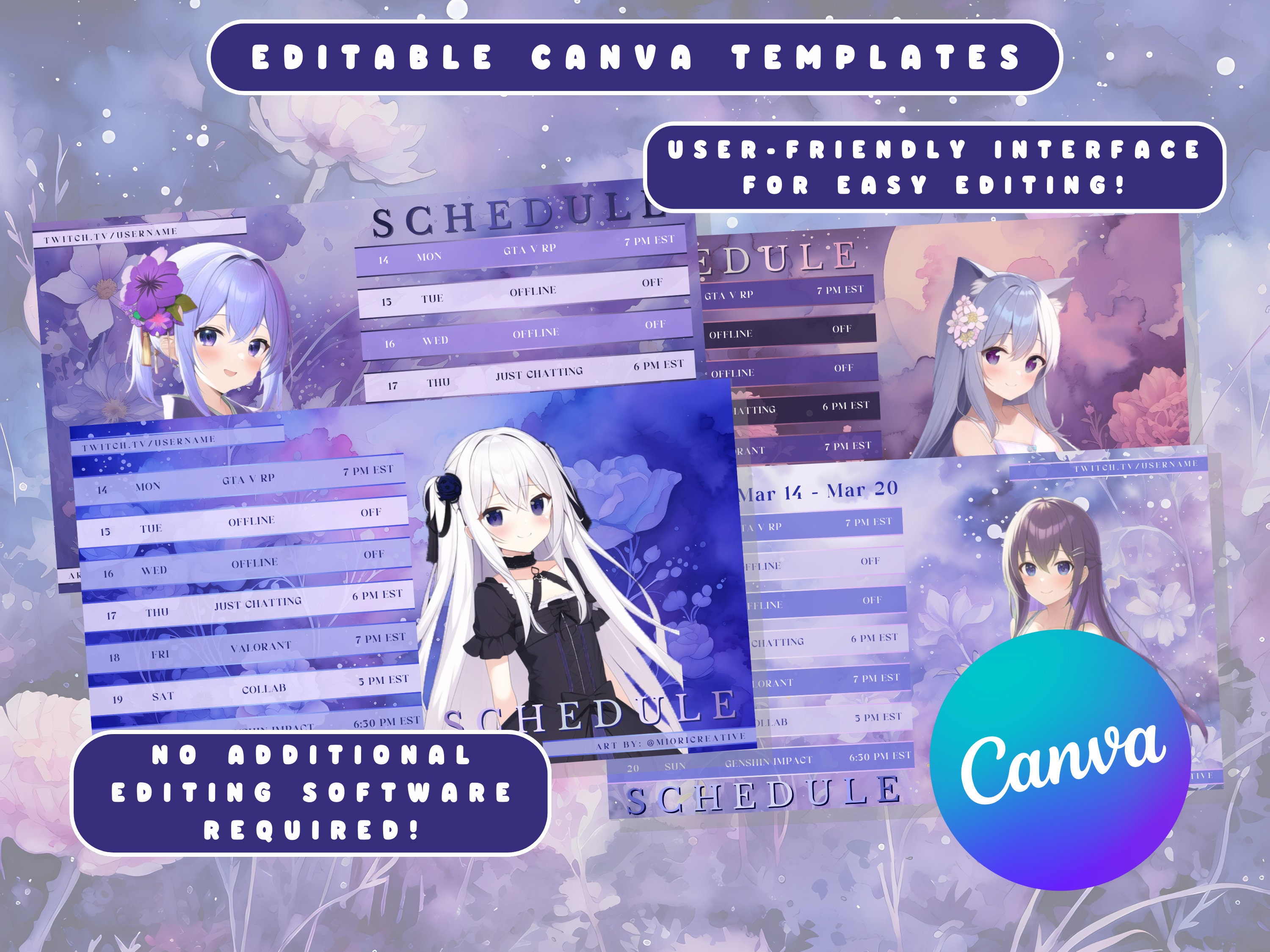 Spring Vtuber Schedule Template Floral Twitch Streamer Bundle (canva
