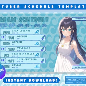 Modelo de Cronograma de Transmissão Blue VTuber: Twitch Asset (Canva Editável) (Download Digital)