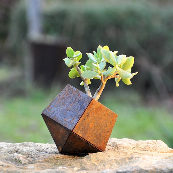 Petit pot penché en acier corten, bac de plantation design pour plante