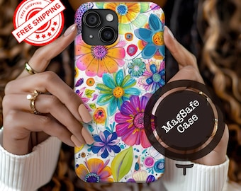 Watercolor Floral iPhone MagSafe Case, Boho Cottagecore Flower Cover, Protective Clear Magnetic, Gift Her