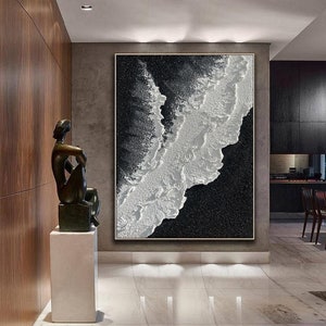 3D Black White Wave Painting on Canvas Textured Wall Art Sand Painting Wabi-sabi Wall Art