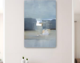 Peinture abstraite aux couleurs neutres, grand format, style minimaliste, texturée au couteau à palette, dans les tons bleus. Œuvre d'art murale encadrée, à l'huile sur toile.