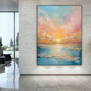 Large Original Oil Painting On Canvas,Sunrise Painting,Living Room Wall Art,Heavy Textured Impasto Painting