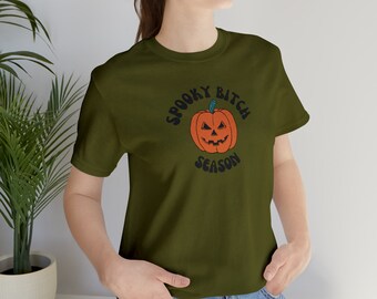 Spooky Bitch Season Pumpkin Halloween Unisex Jersey Short Sleeve Tee | Halloween Shirt | Spooky Season | Spooky Vibes | Fall Shirt