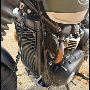 K&ouml;nnte beinhalten: Nahaufnahme eines Triumph-Motorrads. Das Motorrad hat einen gr&uuml;n-wei&szlig;en Kraftstofftank mit dem Wort "TRIUMPH" in Wei&szlig;. Der Motor und andere Komponenten sind schwarz und silber. Der K&uuml;hler ist schwarz.