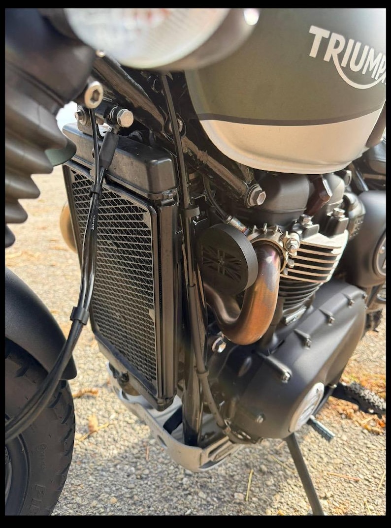 K&ouml;nnte beinhalten: Nahaufnahme eines Triumph-Motorrads. Das Motorrad hat einen gr&uuml;n-wei&szlig;en Kraftstofftank mit dem Wort "TRIUMPH" in Wei&szlig;. Der Motor und andere Komponenten sind schwarz und silber. Der K&uuml;hler ist schwarz.