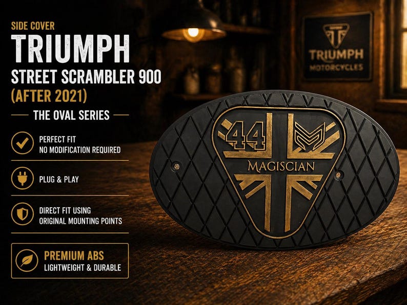 Może przedstawiać: Czarna, owalna osłona boczna do Triumph Street Scrambler 900 (po 2021) ze złotymi akcentami. Zawiera napis "44 MAGISCIAN" i wz&oacute;r Union Jack. Część serii Oval, wykonana z wysokiej jakości ABS.
