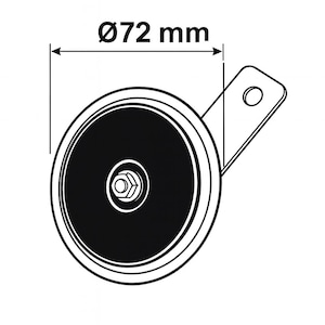 K&ouml;nnte beinhalten: Schwarz-Wei&szlig;-Diagramm einer kreisf&ouml;rmigen Komponente mit einer Montagehalterung. Die Komponente hat einen Durchmesser von 72 mm, mit einer zentralen Schraube und einem Metallrand. Die Halterung hat ein einzelnes Befestigungsloch.