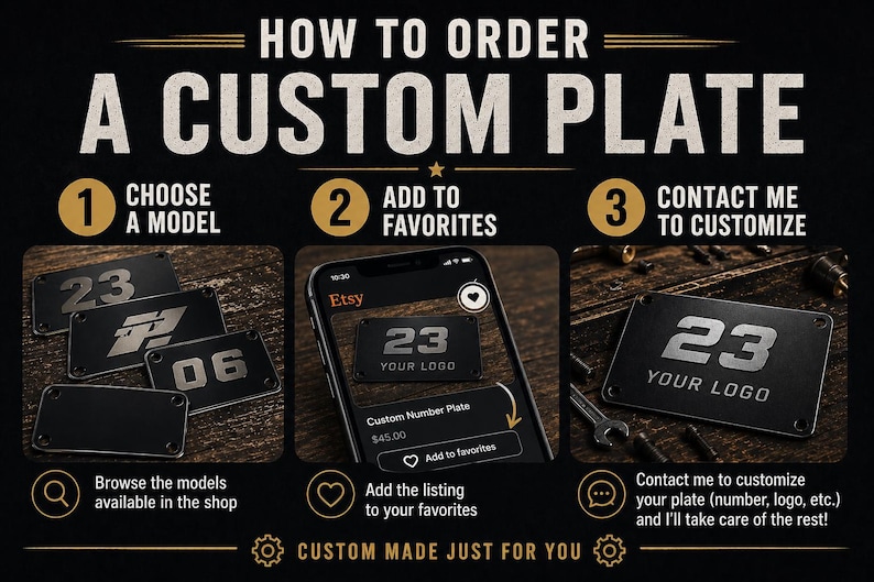 May include: Image showing the steps to order a custom plate. The steps include choosing a model, adding to favorites, and contacting to customize. The image features examples of black plates with white numbers and logos.