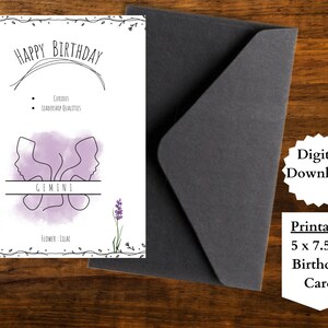 Gemini Geburtstagskarte, Sternzeichen Geburtstagskarte, Geburtstagskarte zum ausdrucken, digitaler Download, witchy Geburtstagskarten, Sternzeichen Blumen Geburtstagskarte