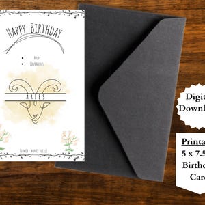 Widder Geburtstagskarte, Sternzeichen Geburtstagskarte, Geburtstagskarte zum Ausdrucken, digitaler Download, witchy Geburtstagskarten, Sternzeichen Blumen Geburtstagskarte