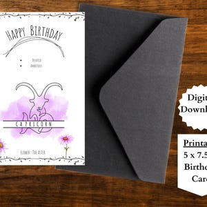 Carte d'anniversaire Capricorne, carte d'anniversaire du zodiaque, carte d'anniversaire imprimable, téléchargement numérique, cartes d'anniversaire de sorcière, carte d'anniversaire de fleur du zodiaque