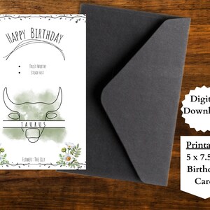Geburtstagskarte Stier, Sternzeichen Geburtstagskarte, Geburtstagskarte zum Ausdrucken, digitaler Download, witchy Geburtstagskarten, Sternzeichen Blumen Geburtstagskarte