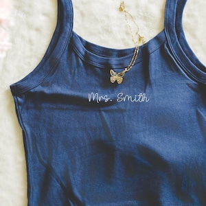 Custom EMBROIDERED Womens Tanks Shirts, Simple Small Delicate Embroidery, Name Custom Text Baby Ribbed Top, Bachelorette Party Bride to Be