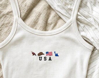 Embroidered USA Icons Spaghetti Strap Tank Top, America 4th of July Crop Tee Country Western Cowboy Shirt, Patriotic Tshirt