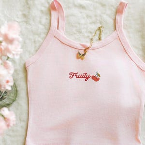 Embroidered Cherry Fruity Micro Rib Spaghetti Strap Tank, Y2K Tank Top, Unhinged TShirt, 90s Shirt, Crop Tank Top, LGBTQ Queer Pride Parade