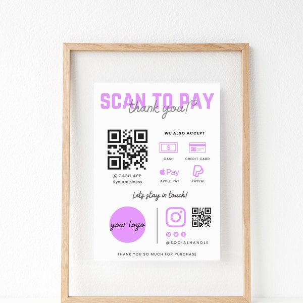 Editable QR Code Sign, Printable Payment Sign, Scan to Pay Template, Scan To Pay Sign, Scan To Paypal, Venmo, CashApp, Instant Download, PDF