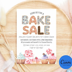 Bearbeitbar Backen Verkauf Party Festival Einladung Benefizfeier Schule Kirche Flyer Küche Kuchen Cupcake Cookie Download Canva Template Printable