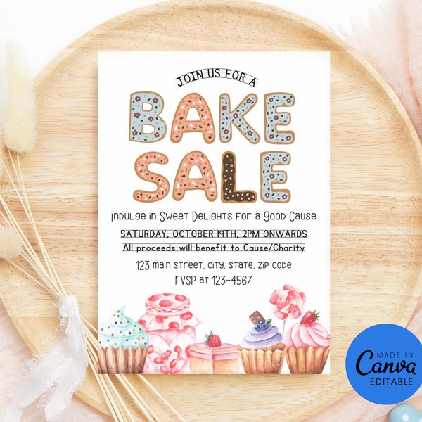 Editable Bake Sale Party Festival Invitation Fundraiser School Church Flyer Kitchen Cake Cupcake Cookie Download Canva Template Printable