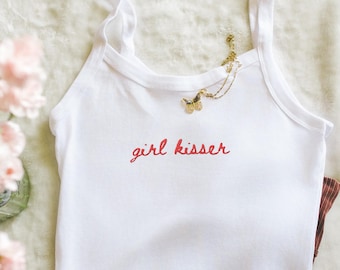 Girl Kisser Y2K Crop Tank Embroidered, Personalized Lesbian Shirt, Queer Pride Top, Sapphic Micro Rib Tank, LGBTQ Shirt