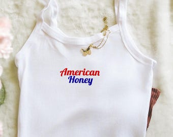 Geborduurde American Honey-tanktop, Y2K-babyshirt, leuk patriottisch Fourth of July-zomeroutfitshirt