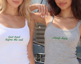 Anpassat möhippa/svensköna-tema med broderi, Y2K-linne för bergsbrud, korta t-shirts för camping, matchande brudtärna/sjömöhippa med tema