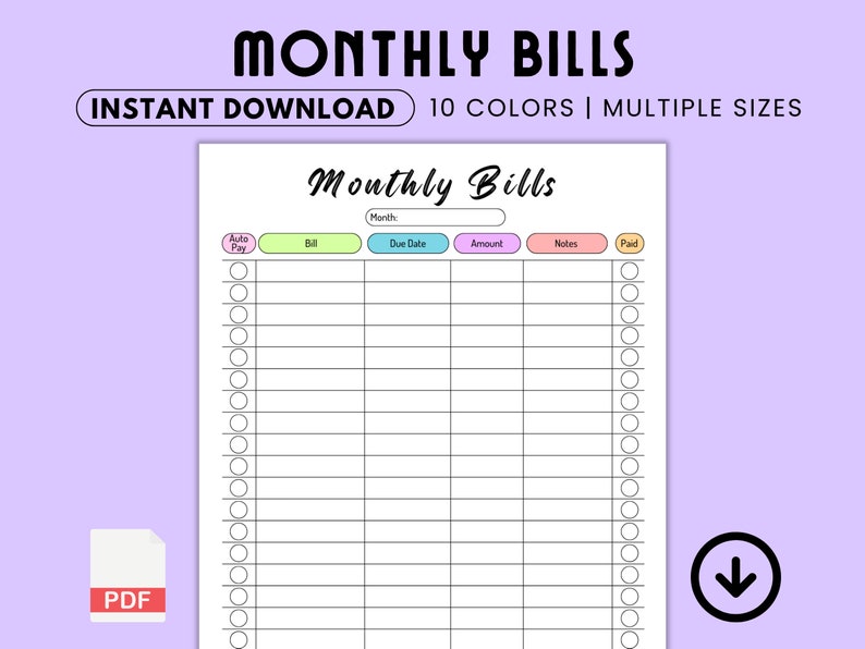 Monthly Bill Tracker Printable Monthly Bill Log Editable Bill Planner