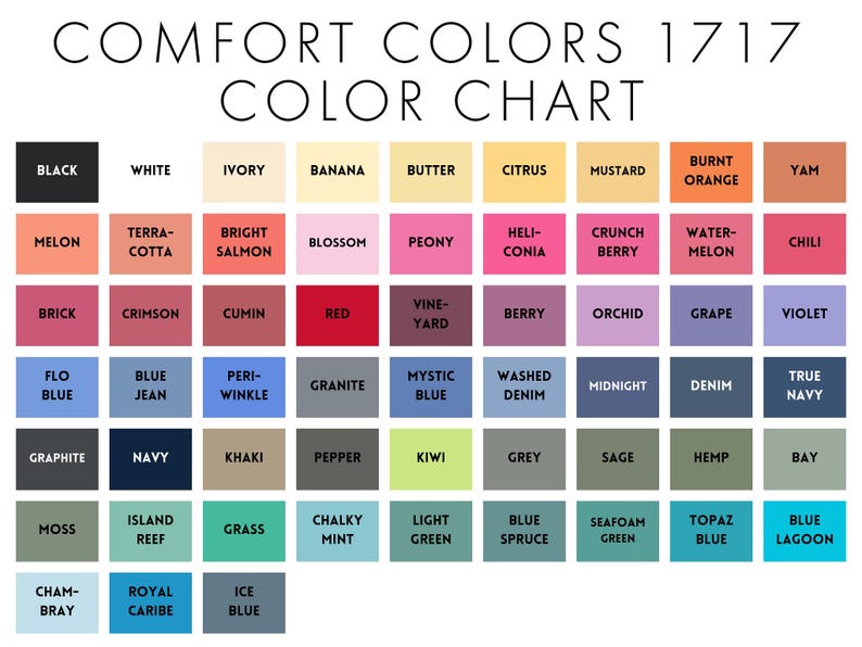 K&ouml;nnte beinhalten: Farbkarte mit 64 verschiedenen Farbmustern. Die Karte ist mit "Comfort Colors 1717 Color Chart" beschriftet.