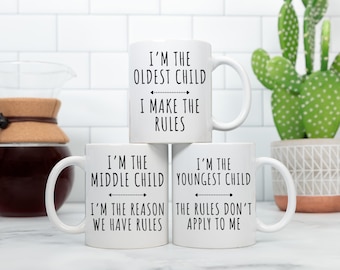 Child Rules Mug Youngest Middle Oldest Sibling Children Gift Novelty Present Funny Set of 3 Youngest Middle Oldest Child Sister Brother Cup