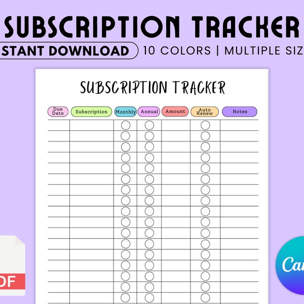 Abonnement-Tracker druckbar, Abonnement-Tracker bearbeitbar, Ausgaben-Tracker, Ausgaben-Tracker, Mitgliederverfolgung, Konto-Tracker, Budget