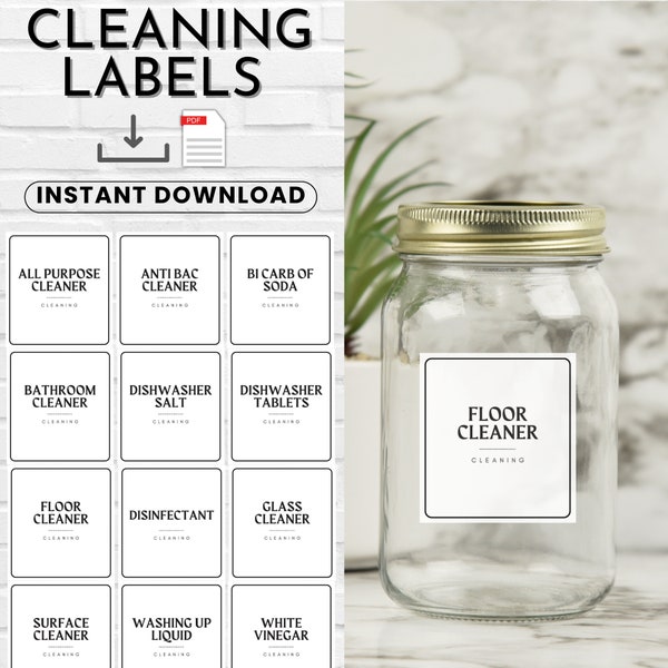 Cleaning Labels Printable, Disinfectant Dishwasher Tablets Glass Cleaner Labels, Cleaning Canisters Labels Cleaning Stickers, Digital PDF