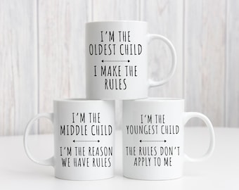 Child Rules Mug Youngest Middle Oldest Sibling Children Gift Novelty Present Funny Set of 3 Youngest Middle Oldest Child Sister Brother Cup