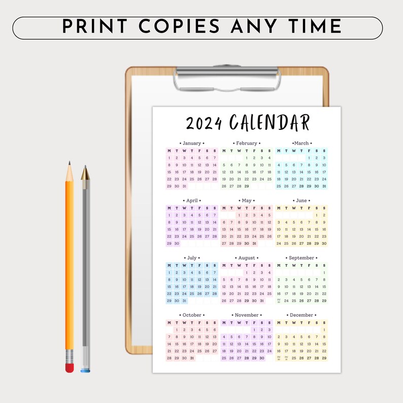 Printable Minimalist 2024 Yearly Calendar at a Glance, A4/a5/letter