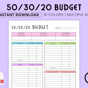 Sjabloon budgetoverzicht 50/30/20 afdrukbaar, maandelijkse budgetplanner 50/30/20-regel, werkblad inkomsten- en uitgavengeldbeheer, cashflow
