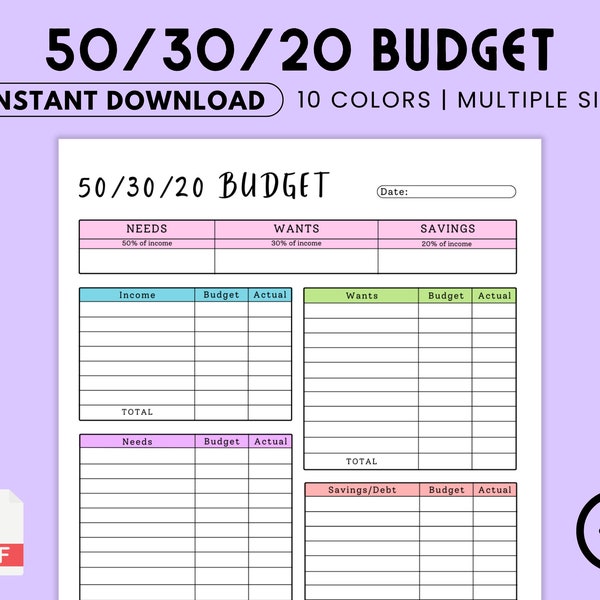 50/30/20 Budget Overview Template Printable, Monthly Budget Planner 50/30/20 Rule, Income & Expense Money Management Worksheet, Cash Flow