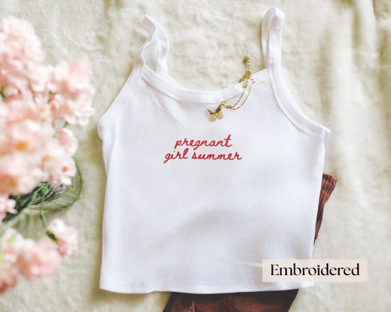 Pregnant Girl Summer Embroidered Tank Top, Pregnancy Announcement T-shirt, Pregnancy Reveal Tee, Baby Shower Gift, Mom Shirt