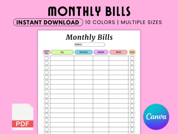 Monthly Bill Tracker Printable, Monthly Bill Log Editable, Bill Planner, Bill Payment Checklist Tracker, Printable Bill Pay Organizer, A4/A5