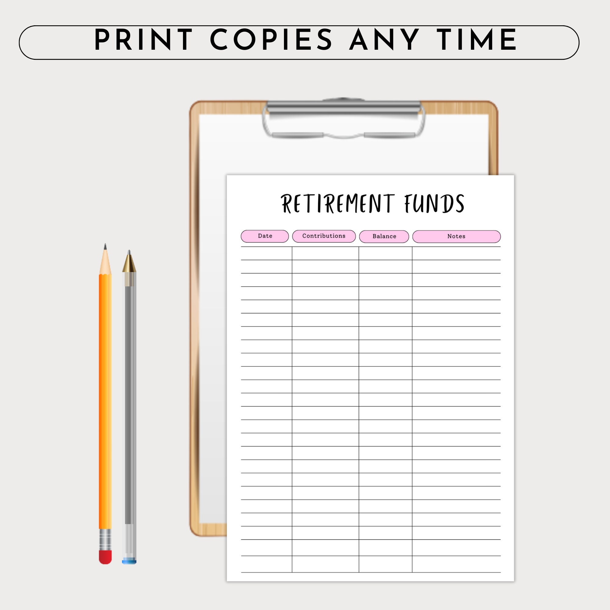 Retirement Funds Tracker Printable, Savings Planner, Contribution ...