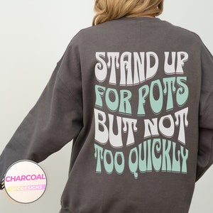 Pode incluir: Uma camisola de cor cinza-carvão com o texto "Stand Up For Pots But Not Too Quickly" impresso nas costas em branco e verde claro.