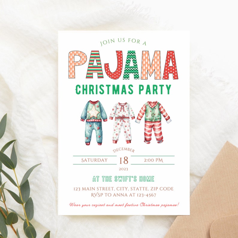 Editable Christmas Pajama Party Invitation, DIY Slumber Party ...
