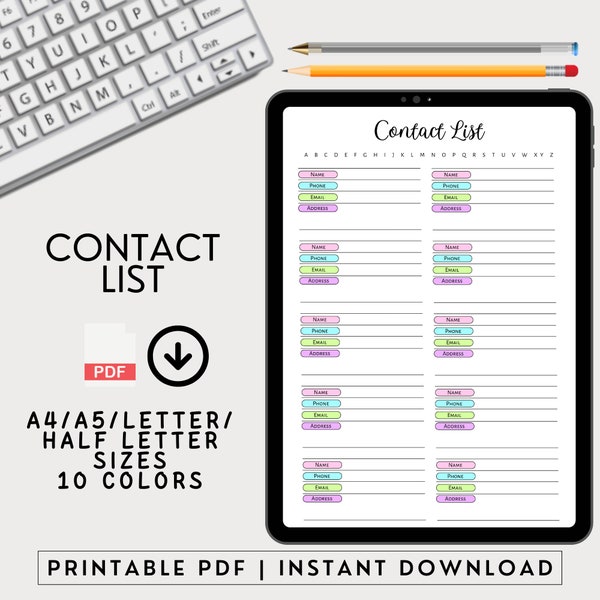 Printable Contacts List, Contact Organizer, Address Book, Contact Information, Planner Inserts, Client Tracker, Email List Download PDF