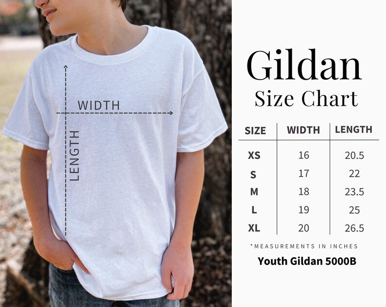 May include: A white t-shirt with a size chart for Youth Gildan 5000B shirts. The chart shows sizes XS to XL with width and length measurements in inches. The shirt is being modeled.