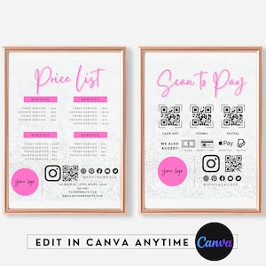 Plantilla de lista de precios DIY y plantilla de código QR para escanear y pagar en Canva, cartel de pago para salón imprimible, guía de precios, plantilla editable de lista de precios