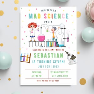 Convite editável para festa de aniversário de ciências, festa científica, convite científico para meninas, convite científico faça você mesmo para meninos, decoração para festa científica