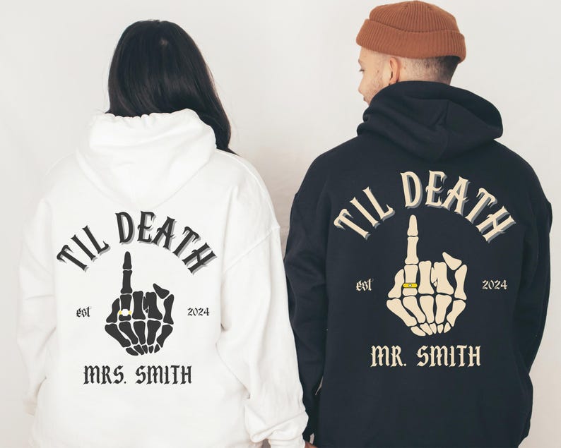 Custom Wedding Day Hoodie Til Death Sweatshirt Edgy Mr & Mrs Honeymoon Matching Tops Skeleton Bride Groom Gift Anniversary Bride and Groom