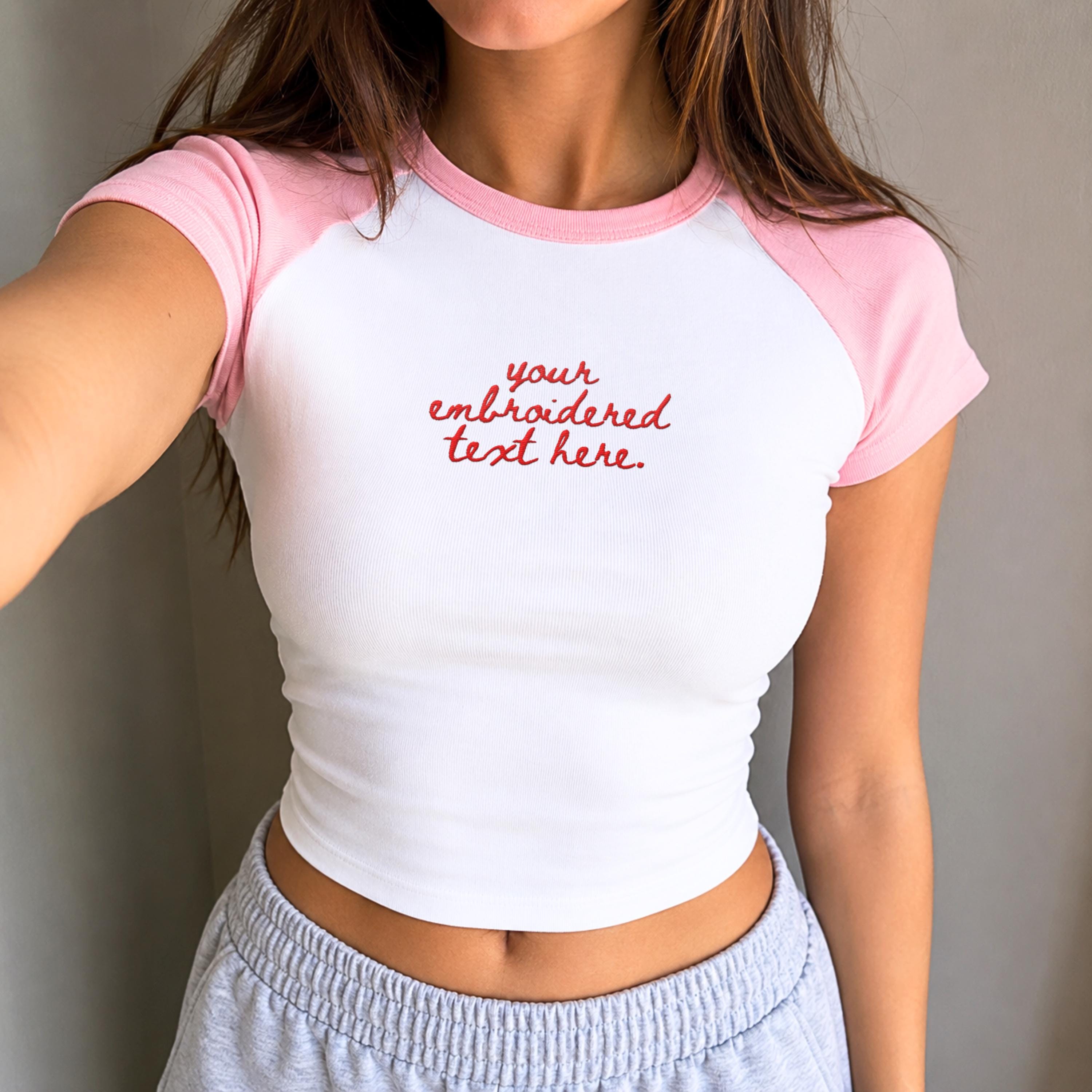 Personalized Embroidered Baby Tee, Bella Canvas Baby Tee y2k, Retro 2000s Crop top, Custom Embroidered Tshirt, Womens Custom Text Tank Gift