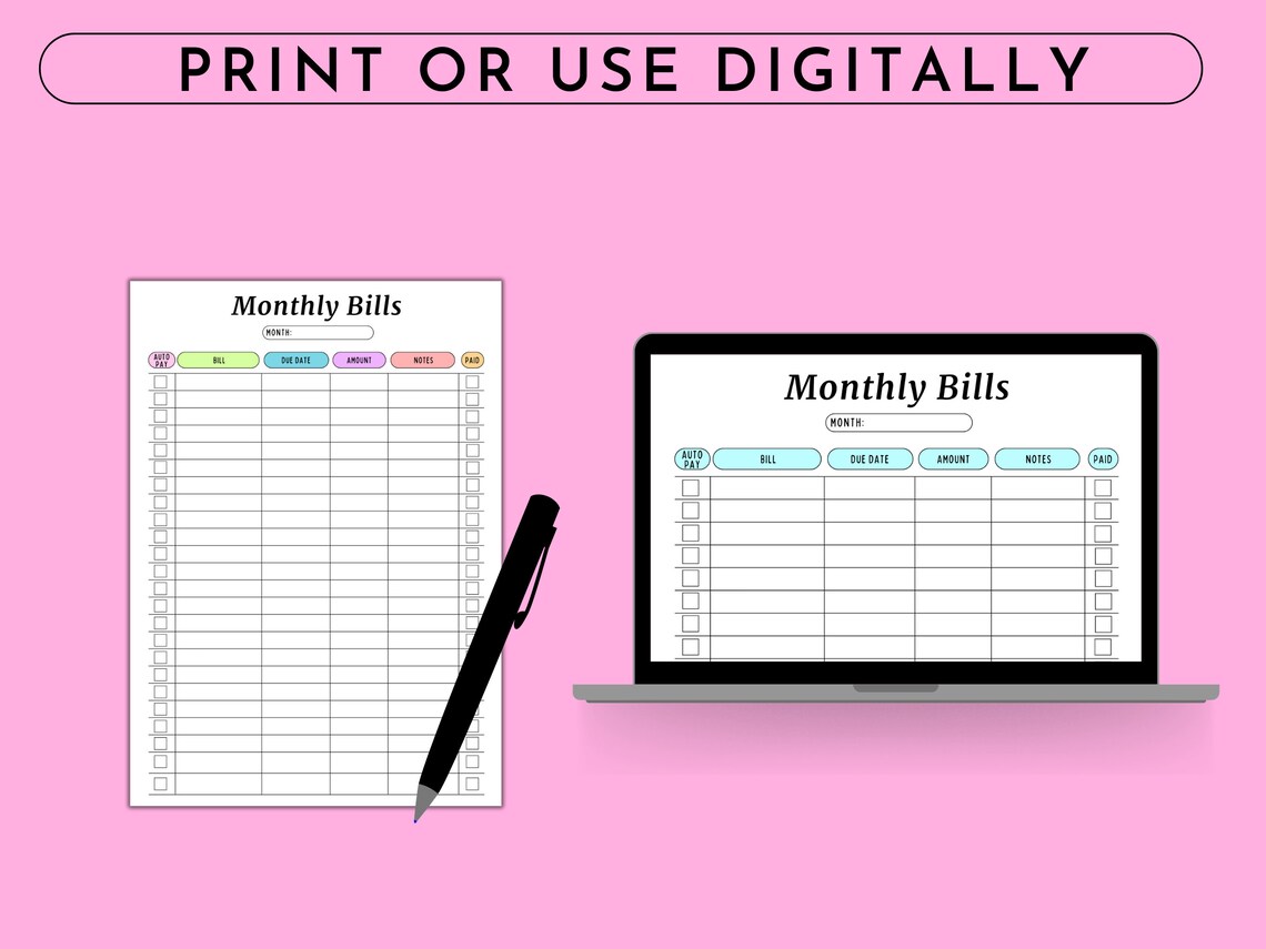 Monthly Bill Tracker Printable, Monthly Bill Log Editable, Bill Planner ...