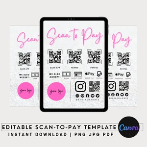 DIY Scan to Pay Sign Template, Editable QR Code Beauty Salon Pricing Template, Printable Hair Stylist Braids Nail Lash Makeup Canva Template