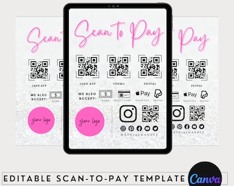 DIY Scan to Pay Sign Template, Editable QR Code Beauty Salon Pricing Template, Printable Hair Stylist Braids Nail Lash Makeup Canva Template